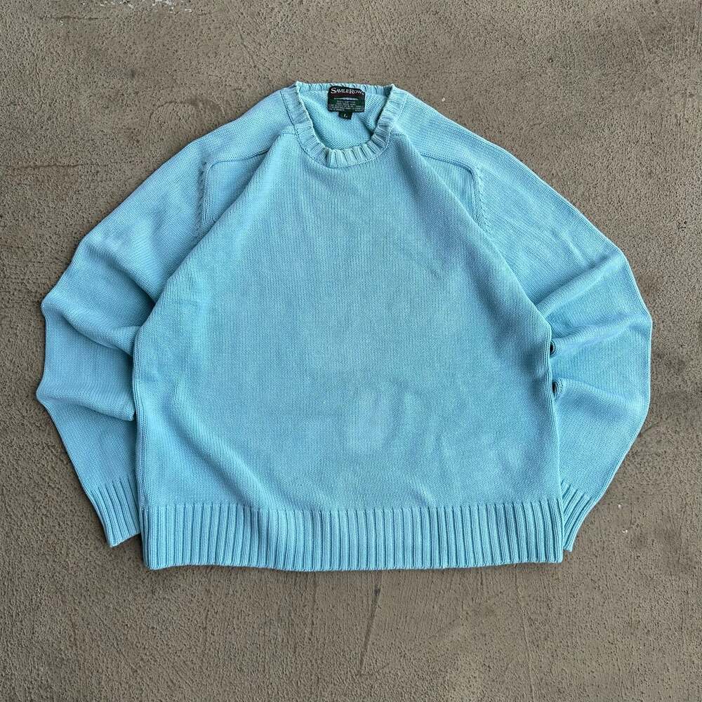 Vintage Savile Row Men's 100% Cotton Crew Neck Knit Sweater Light Blue